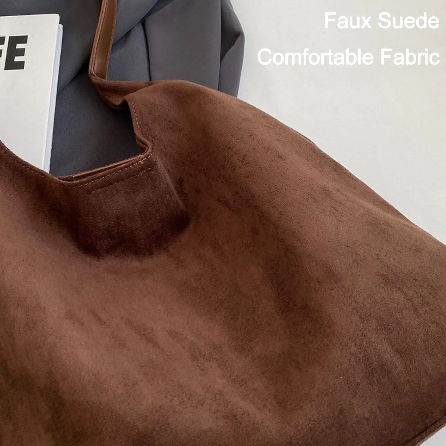 Suede Bag Slouchy Tote Bag Faux Suede Boho Bags for Women Office Brown Shoulder Bag