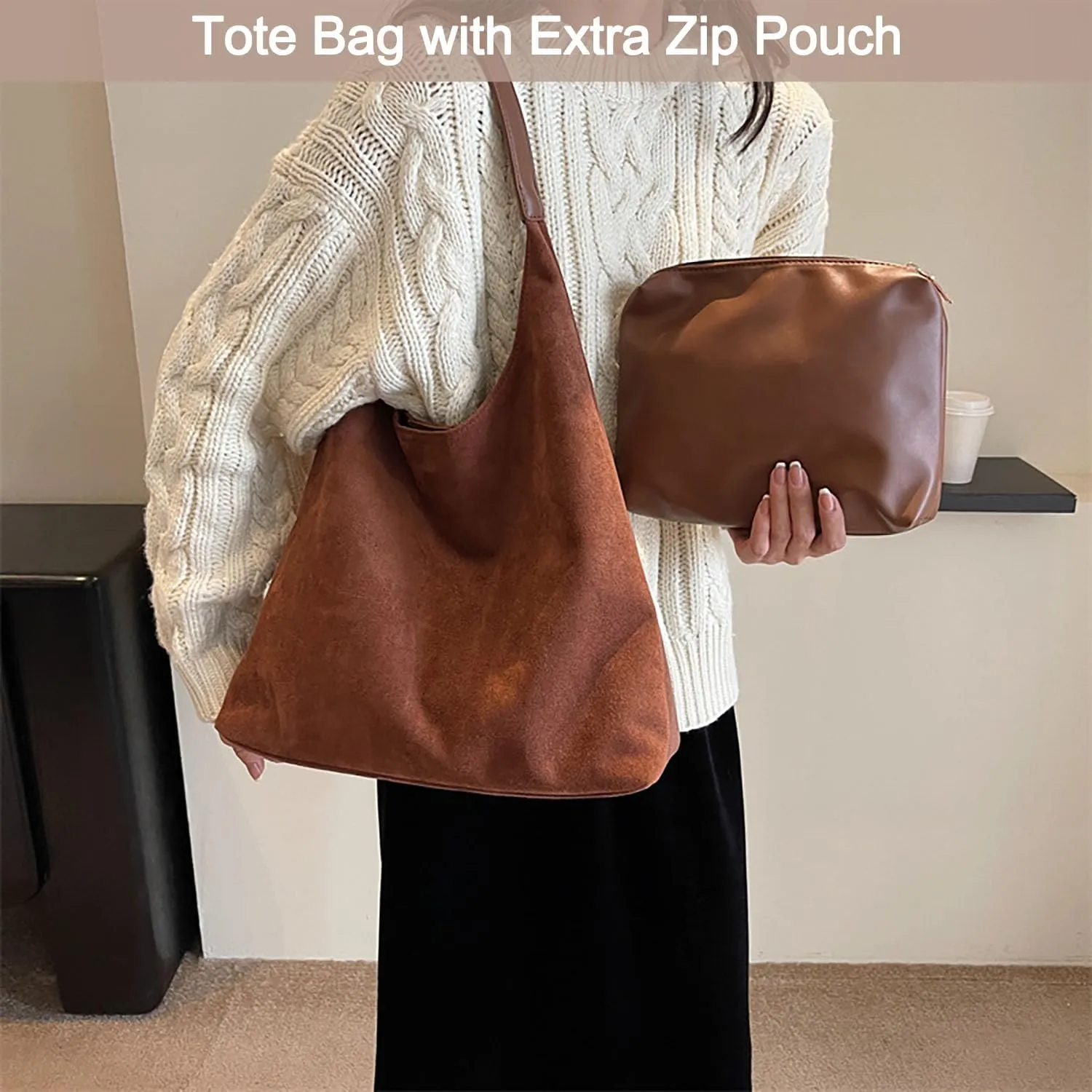 Suede Bag Slouchy Tote Bag Faux Suede Boho Bags for Women Office Brown Shoulder Bag