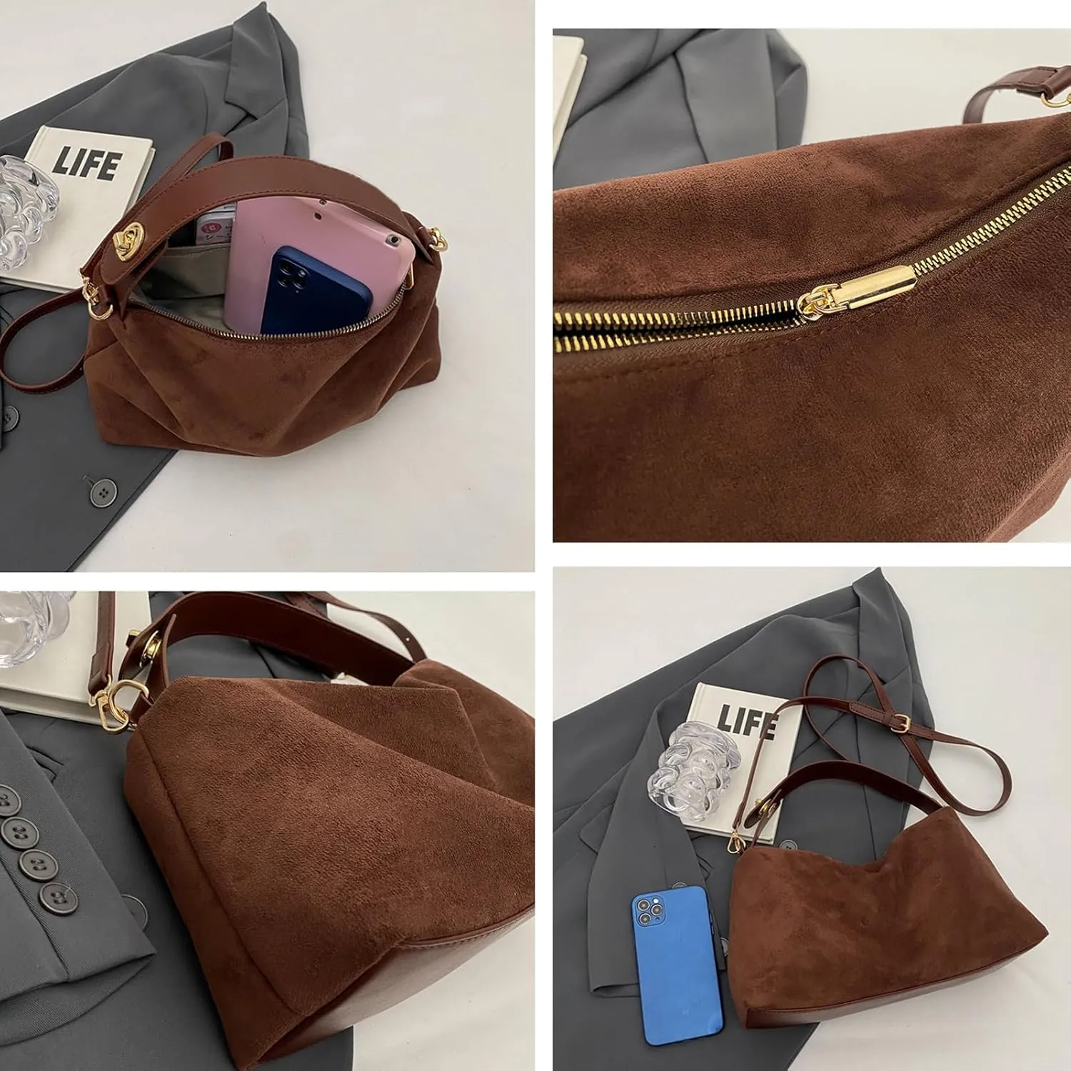Suede Bags for Women Retro Slouchy Shoulder Bag Satchel Purses Crossbody Hobo Handbags