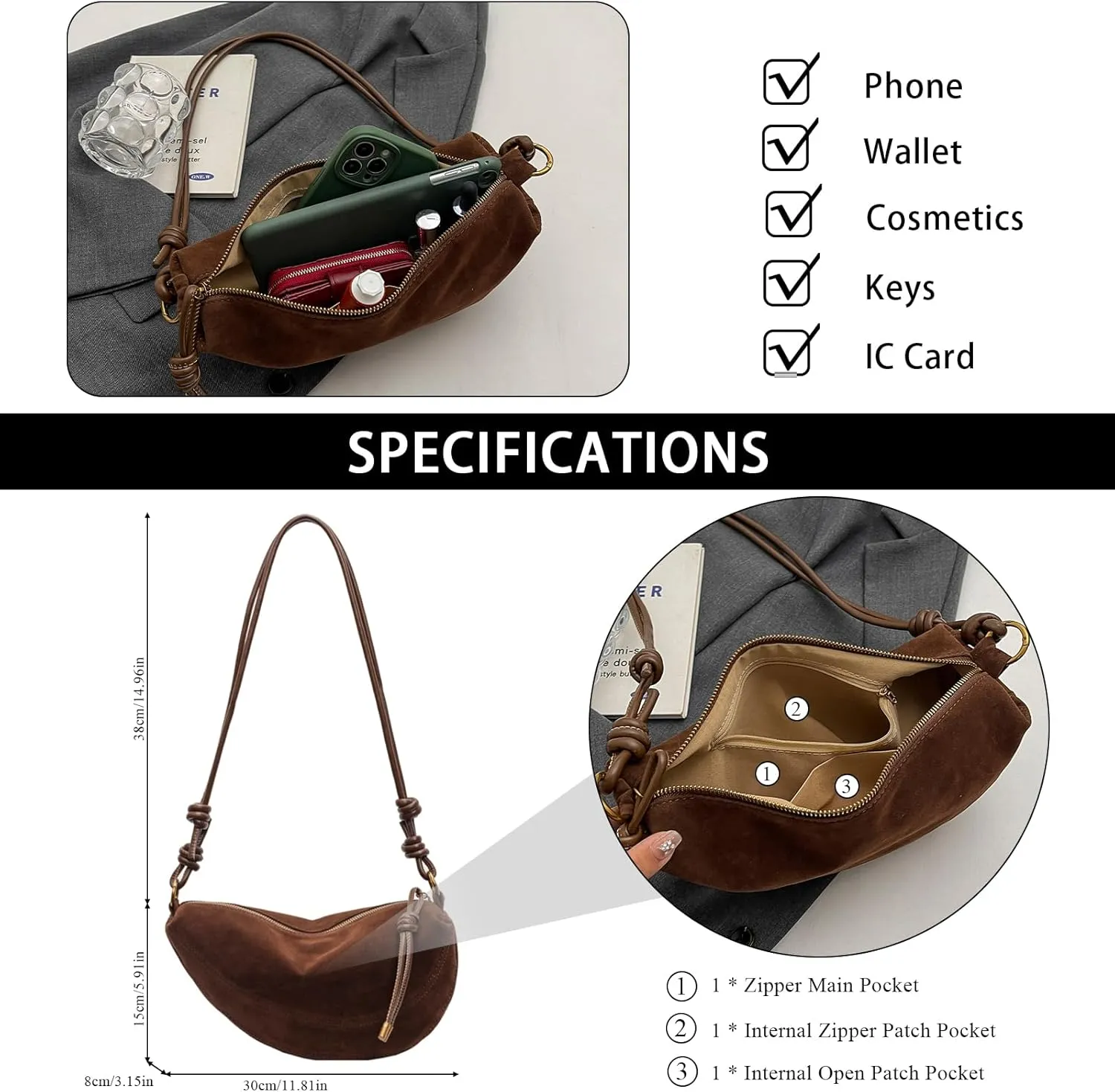 Suede Bags for Women Suede Purses Crescent Bag Crossbody Shoulder Bag Trendy Tote Handbags