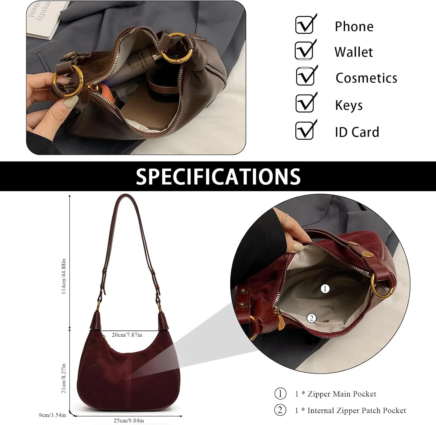 Suede Bags for Women Trendy Suede Purses Hobo Crescent Crossbody Shoulder Bag