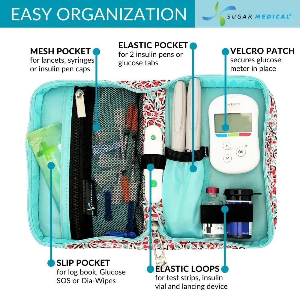 Sugar Medical Diabetes Supply Case | Medical Supplies Travel Bag | Glucose Meter Organizer | Diabetic Care Products | Glucometer Kit (Lily)