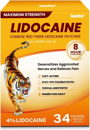 Sumifun 4% Lidocaine Pain Relief Patches,34 Count-Chinese Red Tiger Lidocaine Patches Maximum Strength Gel Patch for Muscule Sore Simple Backaches Joint Pain Topical Analgesic Odor Free