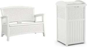 Suncast Loveseat Outdoor Seating with Storage and 33 Gallon Wicker Pattern Garbage Can for Patio