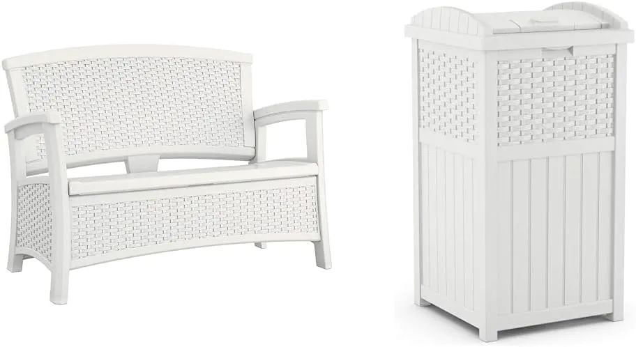 Suncast Loveseat Outdoor Seating with Storage and 33 Gallon Wicker Pattern Garbage Can for Patio