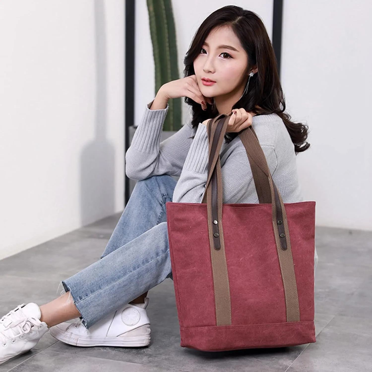 Sunshinejing Women's Canvas Shoulder Bags Retro Casual Handbags Work Bag Tote Purses