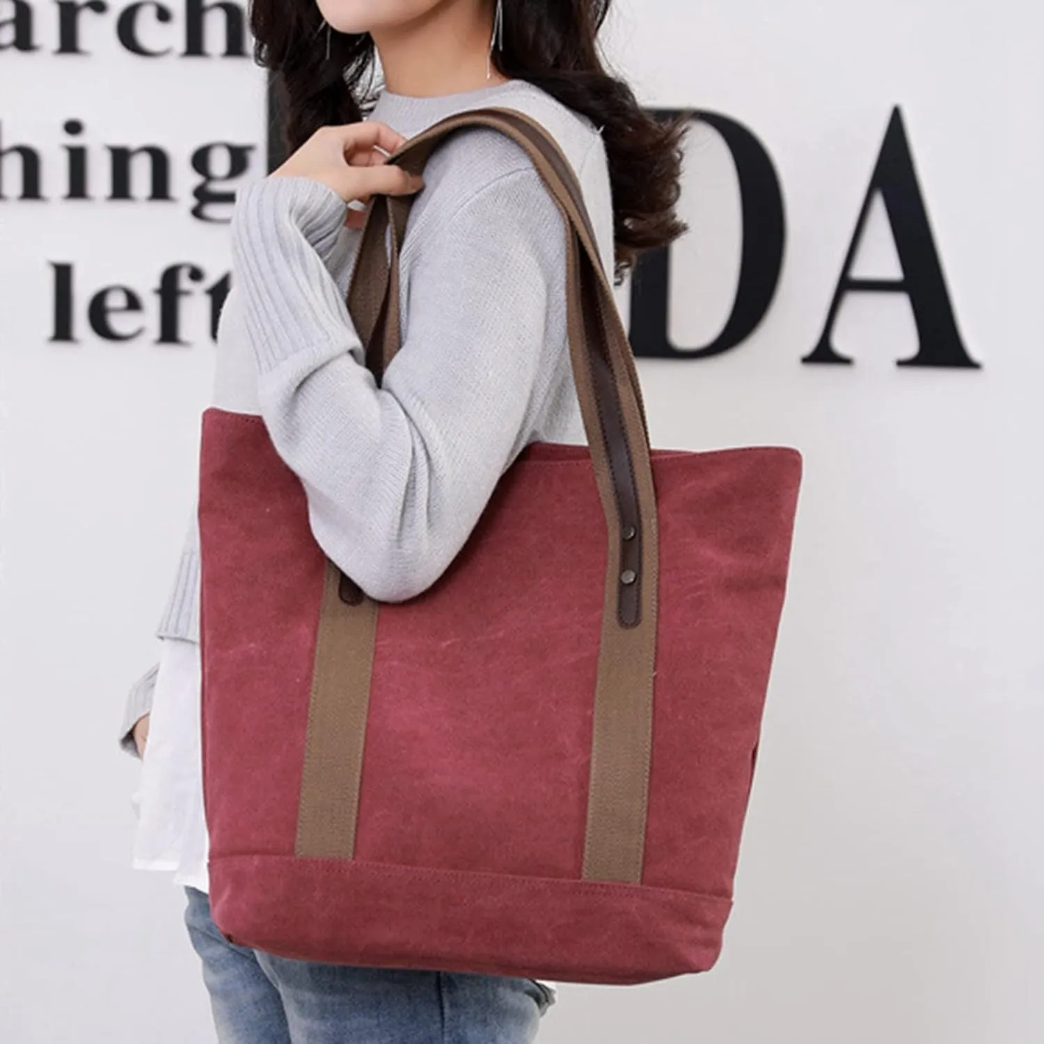 Sunshinejing Women's Canvas Shoulder Bags Retro Casual Handbags Work Bag Tote Purses