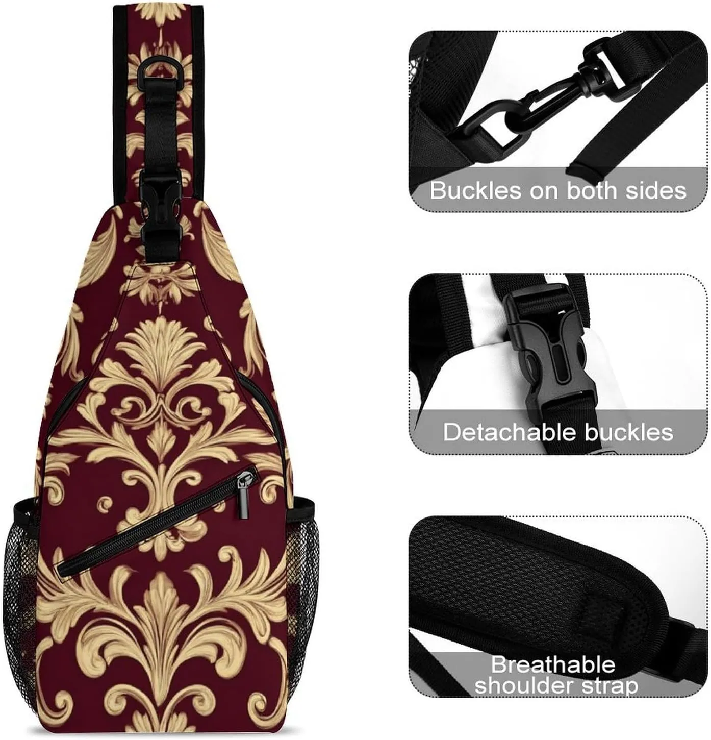 Supdreamc Ultra Lightweight Sling Shoulder Backpack Chest Pack Crossbody Bags Multipurpose Anti-Theft Bag for Work Picnic Hiking Camping Beach Trip, Flower Maroon Gold Floral Classy Burgundy Antique