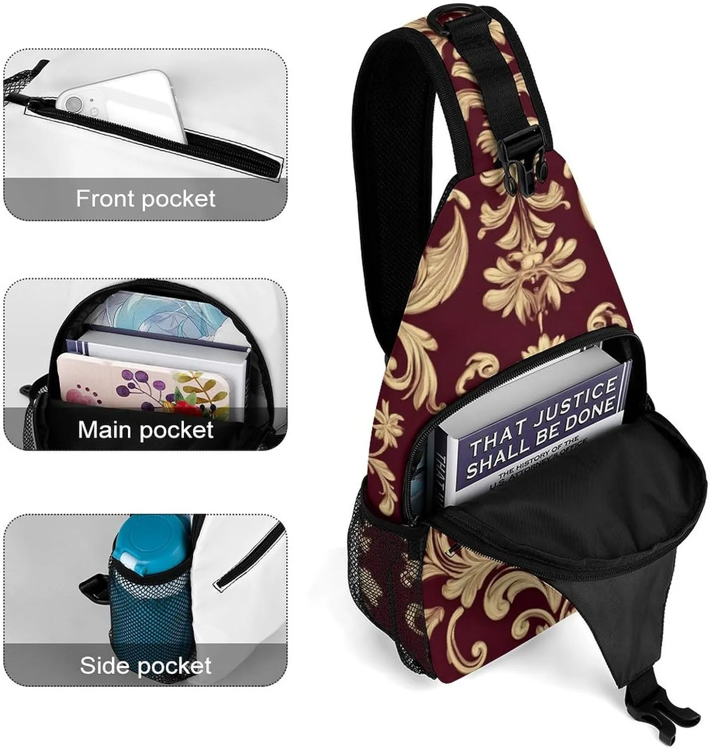Supdreamc Ultra Lightweight Sling Shoulder Backpack Chest Pack Crossbody Bags Multipurpose Anti-Theft Bag for Work Picnic Hiking Camping Beach Trip, Flower Maroon Gold Floral Classy Burgundy Antique