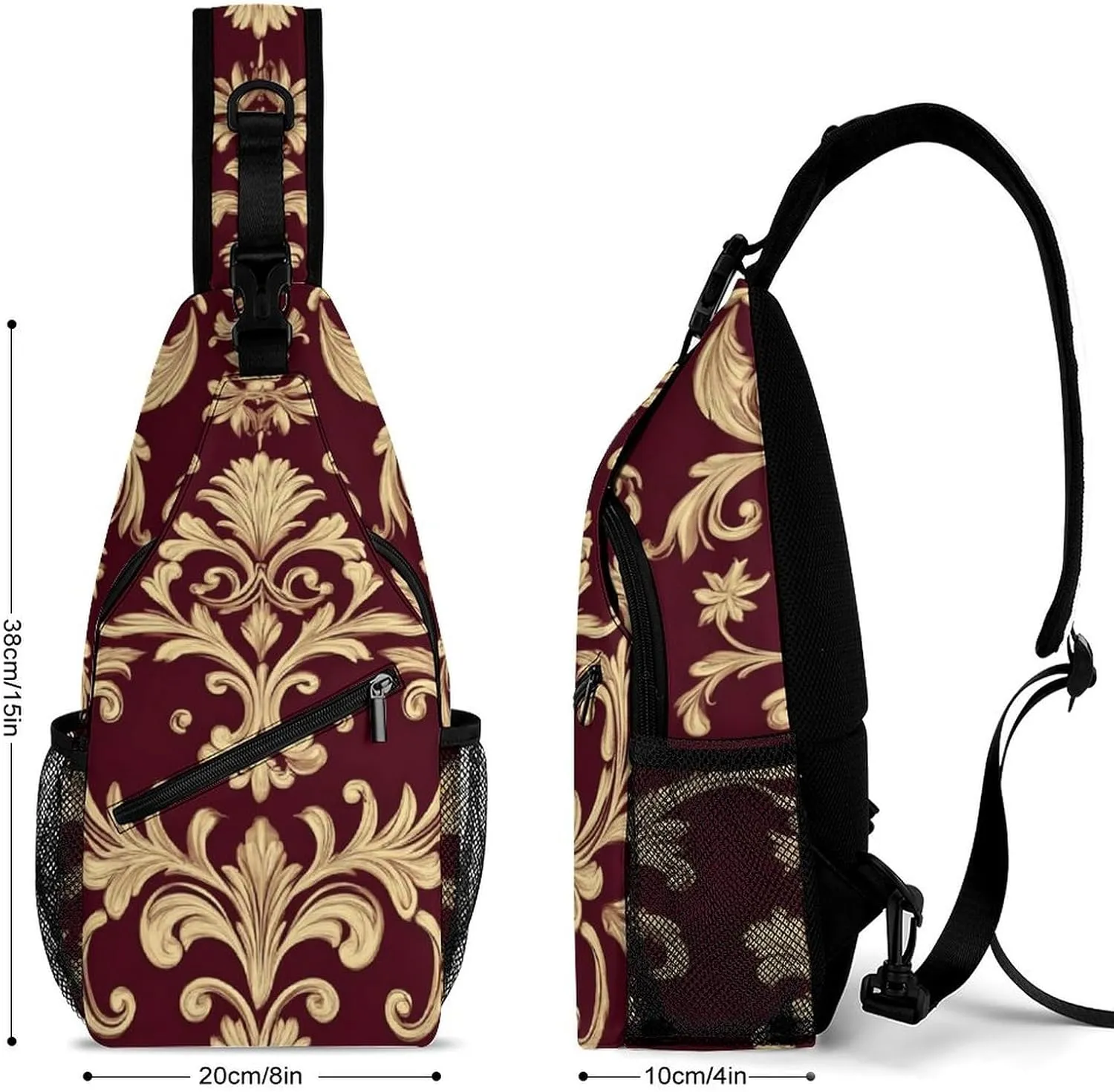 Supdreamc Ultra Lightweight Sling Shoulder Backpack Chest Pack Crossbody Bags Multipurpose Anti-Theft Bag for Work Picnic Hiking Camping Beach Trip, Flower Maroon Gold Floral Classy Burgundy Antique