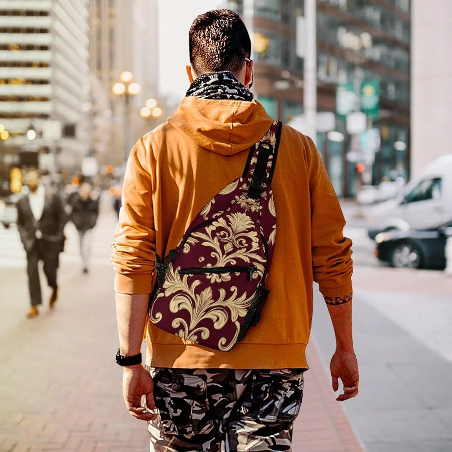 Supdreamc Ultra Lightweight Sling Shoulder Backpack Chest Pack Crossbody Bags Multipurpose Anti-Theft Bag for Work Picnic Hiking Camping Beach Trip, Flower Maroon Gold Floral Classy Burgundy Antique