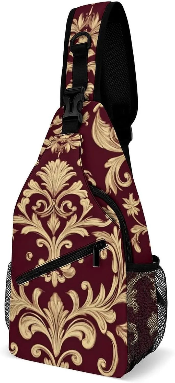 Supdreamc Ultra Lightweight Sling Shoulder Backpack Chest Pack Crossbody Bags Multipurpose Anti-Theft Bag for Work Picnic Hiking Camping Beach Trip, Flower Maroon Gold Floral Classy Burgundy Antique
