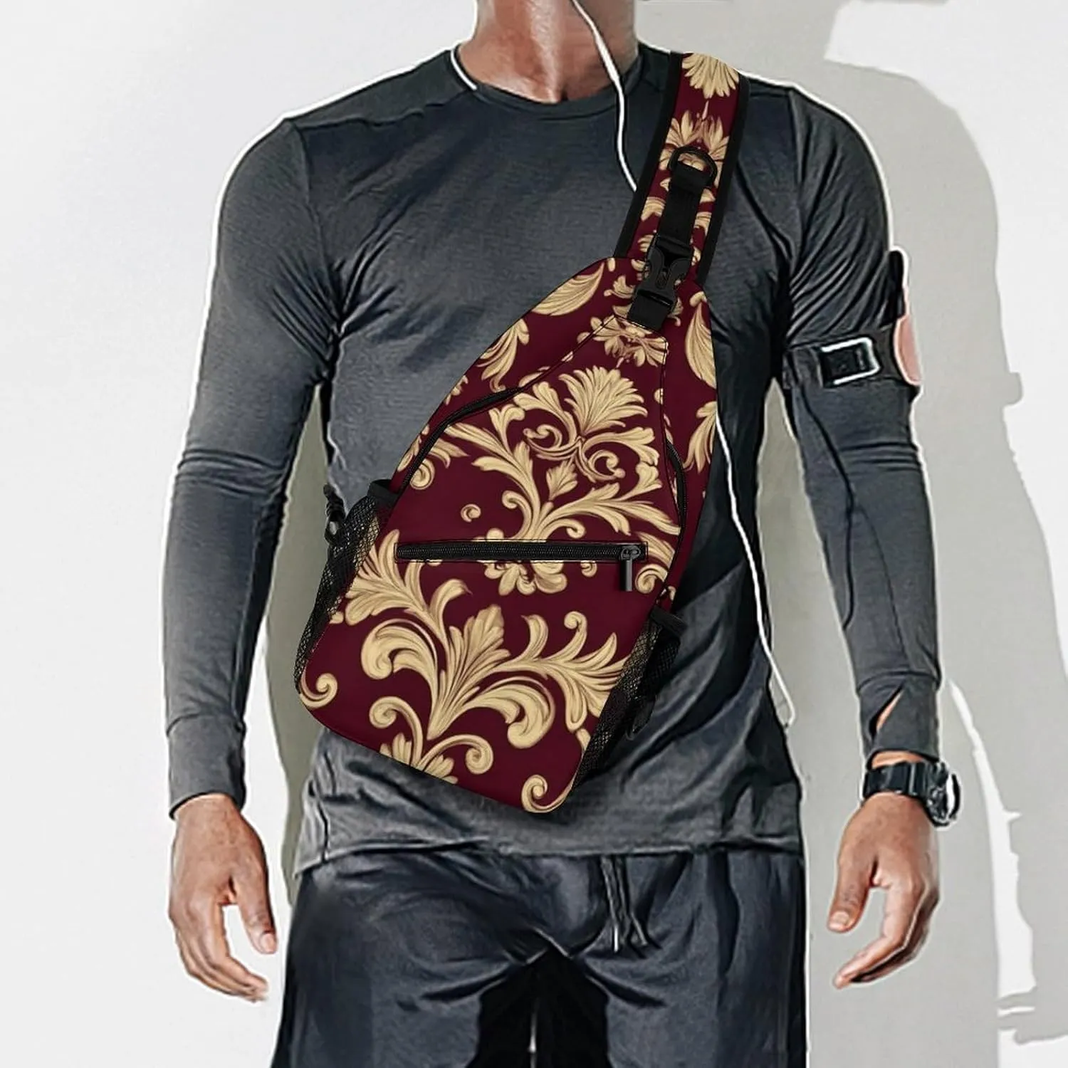 Supdreamc Ultra Lightweight Sling Shoulder Backpack Chest Pack Crossbody Bags Multipurpose Anti-Theft Bag for Work Picnic Hiking Camping Beach Trip, Flower Maroon Gold Floral Classy Burgundy Antique