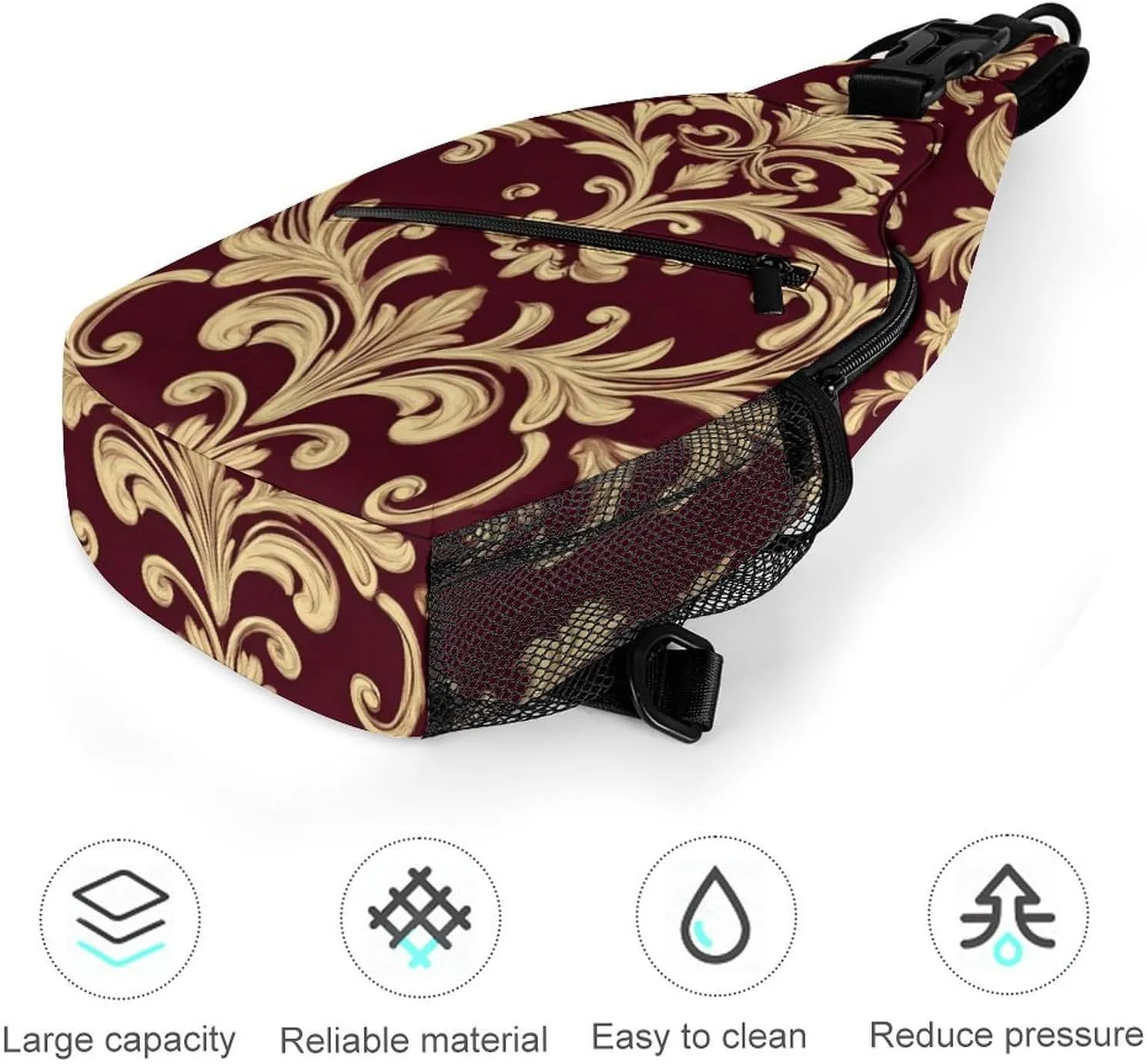 Supdreamc Ultra Lightweight Sling Shoulder Backpack Chest Pack Crossbody Bags Multipurpose Anti-Theft Bag for Work Picnic Hiking Camping Beach Trip, Flower Maroon Gold Floral Classy Burgundy Antique