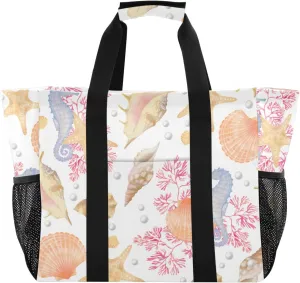 susiyo Pattern with Seashells Corals Starfish Large Beach Tote Pool Bag for Women Girls, Lightweight Shopping Bags Handle Handbag, Work Tote Nurse Dance Yoga Bag for Sport Travel