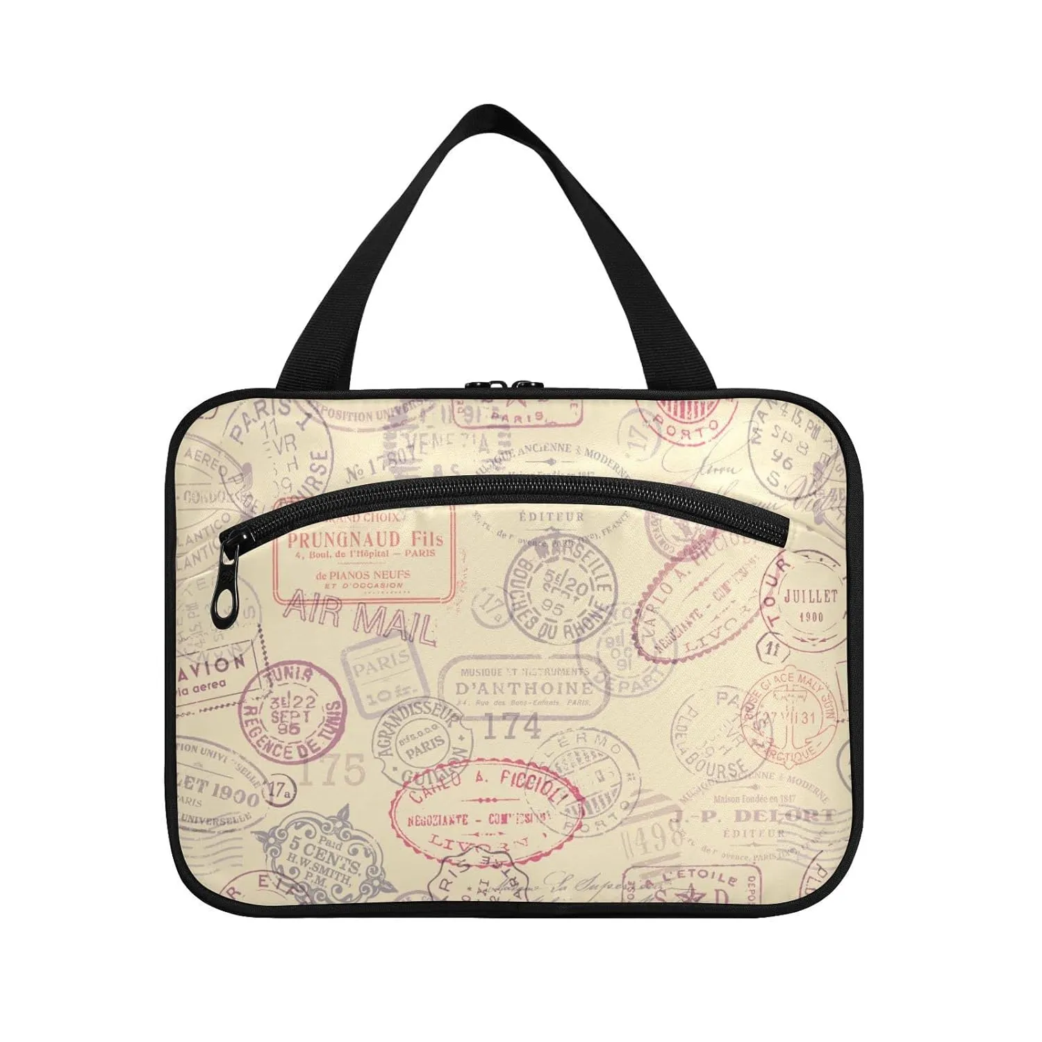 susiyo Vintage Stamps Postage Pattern Toiletry Bags with Hanging Hook Foldable Cosmetic Bag Travel Accessories- Medium