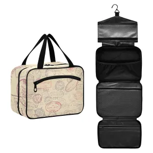 susiyo Vintage Stamps Postage Pattern Toiletry Bags with Hanging Hook Foldable Cosmetic Bag Travel Accessories- Medium
