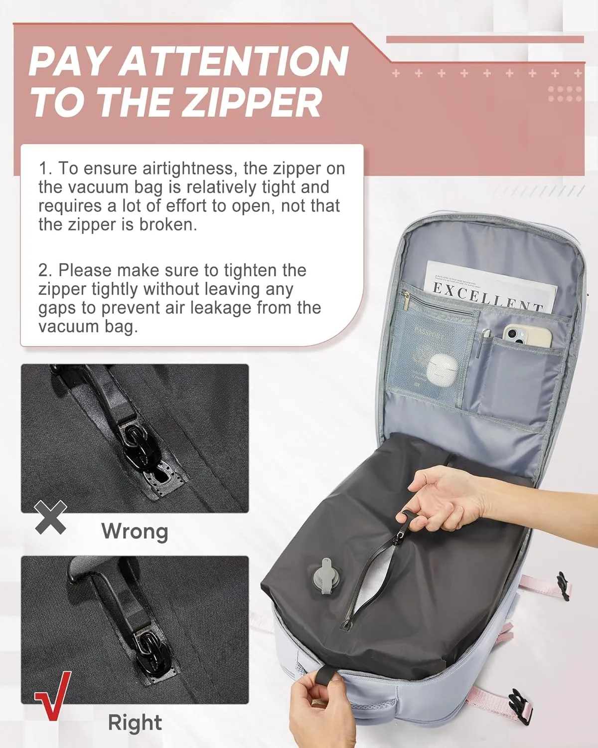 suwasp Vacuum Compression Backpack, 45L Expandable Travel Backpack with Electric Vacpack Pump, Travel Vacuum Bags with Shoe Compartment/17inch Laptop Compartment/USB Port, Grey