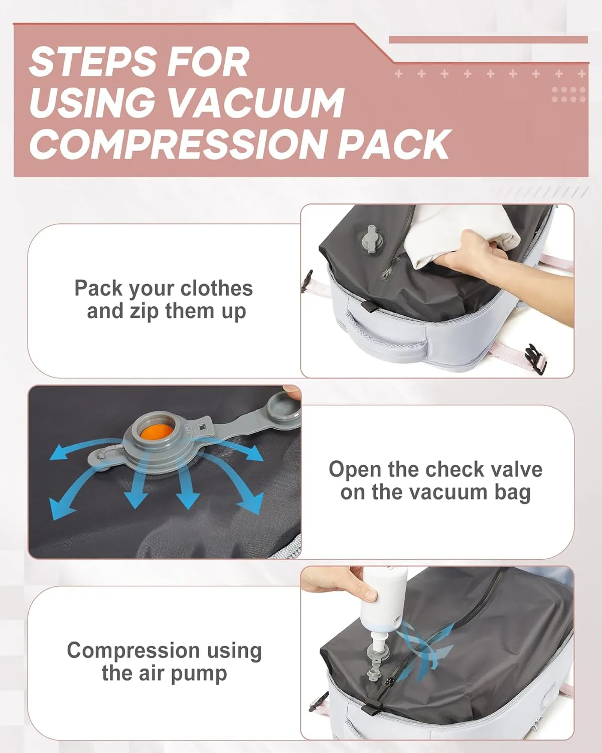 suwasp Vacuum Compression Backpack, 45L Expandable Travel Backpack with Electric Vacpack Pump, Travel Vacuum Bags with Shoe Compartment/17inch Laptop Compartment/USB Port, Grey