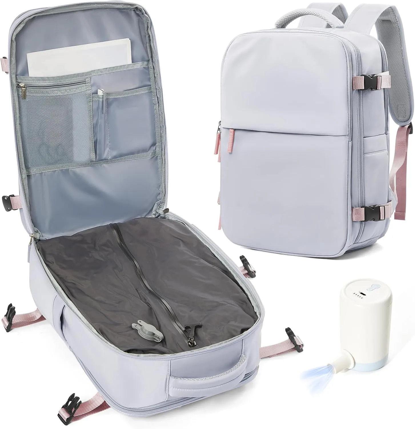 suwasp Vacuum Compression Backpack, 45L Expandable Travel Backpack with Electric Vacpack Pump, Travel Vacuum Bags with Shoe Compartment/17inch Laptop Compartment/USB Port, Grey