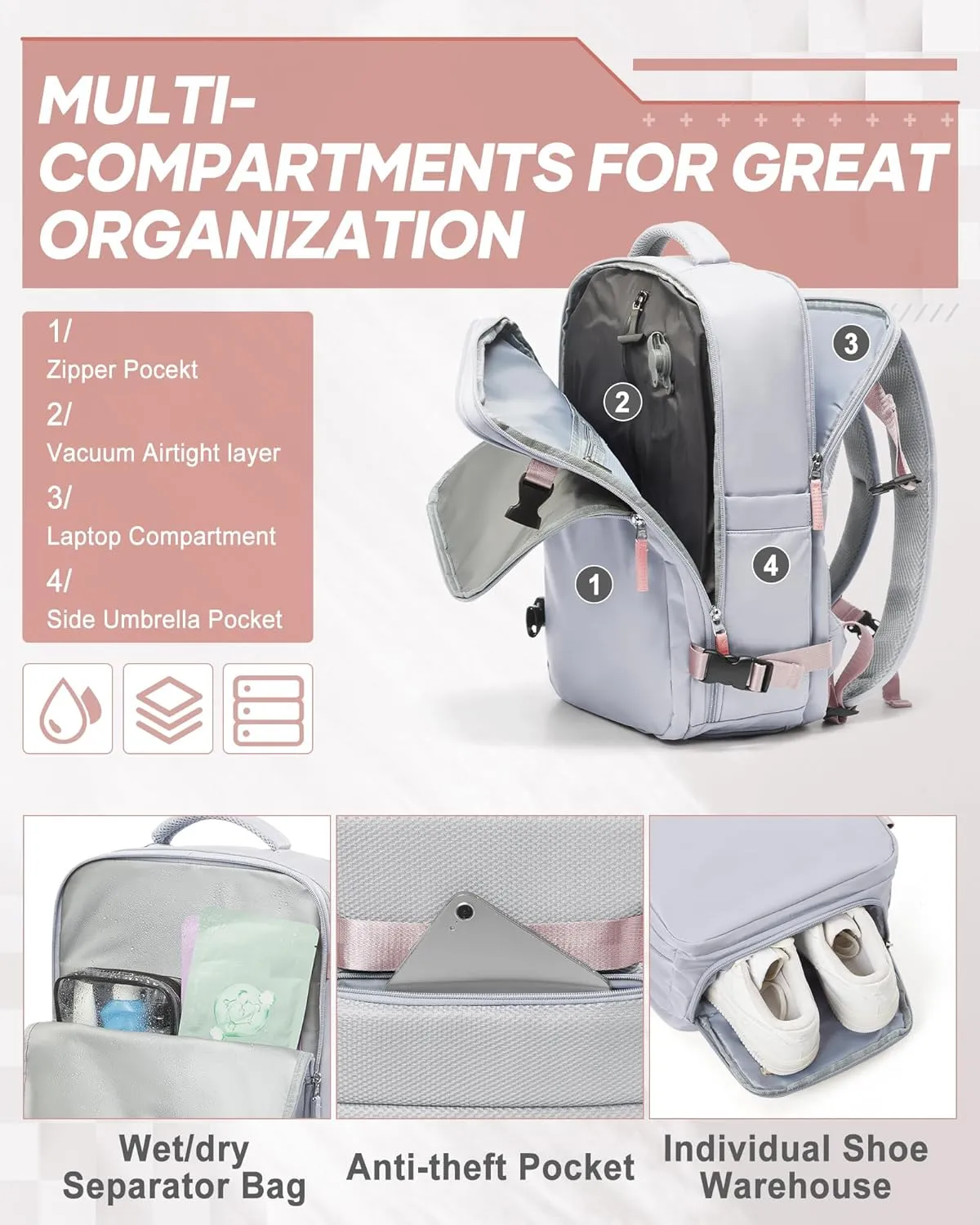 suwasp Vacuum Compression Backpack, 45L Expandable Travel Backpack with Electric Vacpack Pump, Travel Vacuum Bags with Shoe Compartment/17inch Laptop Compartment/USB Port, Grey