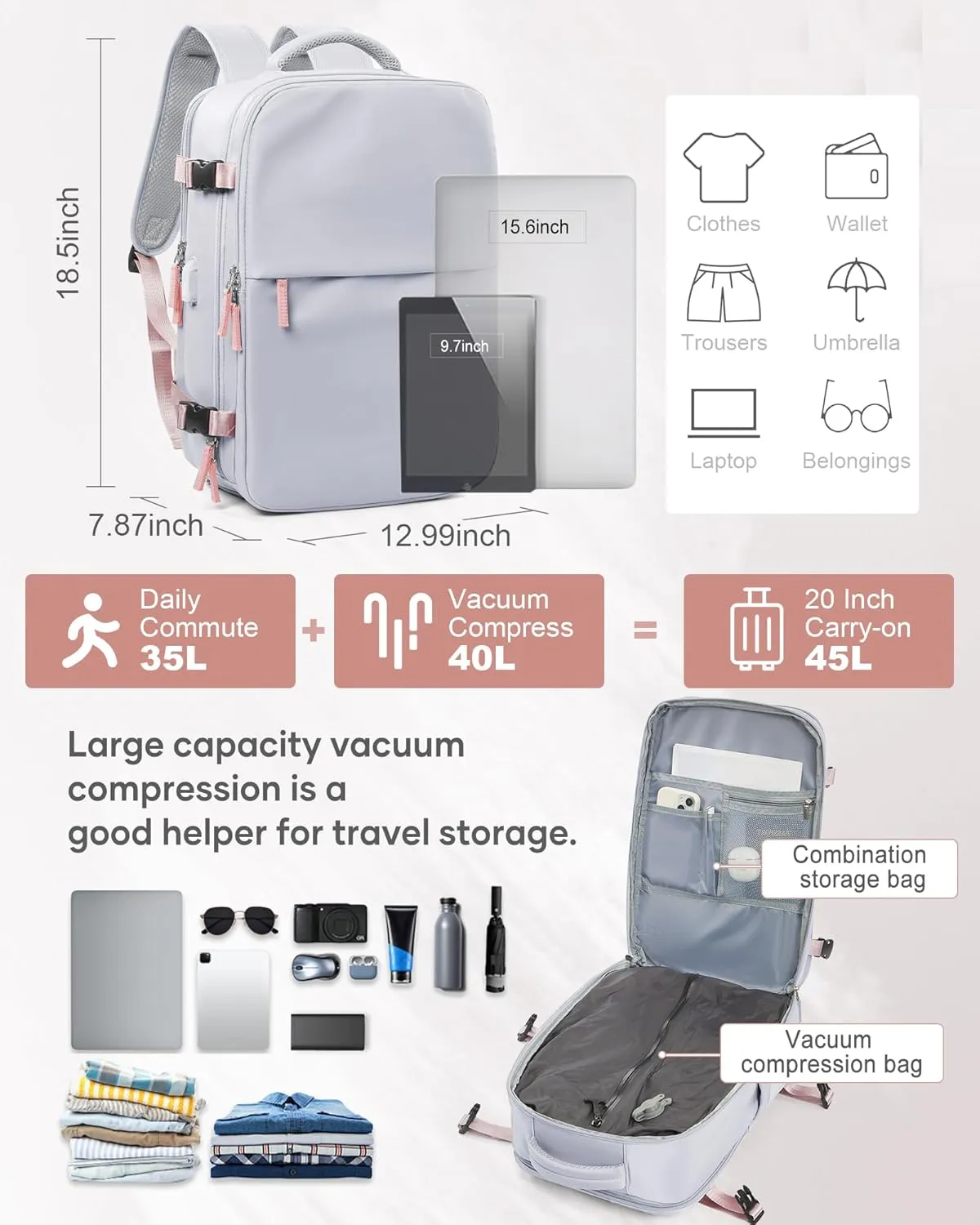 suwasp Vacuum Compression Backpack, 45L Expandable Travel Backpack with Electric Vacpack Pump, Travel Vacuum Bags with Shoe Compartment/17inch Laptop Compartment/USB Port, Grey
