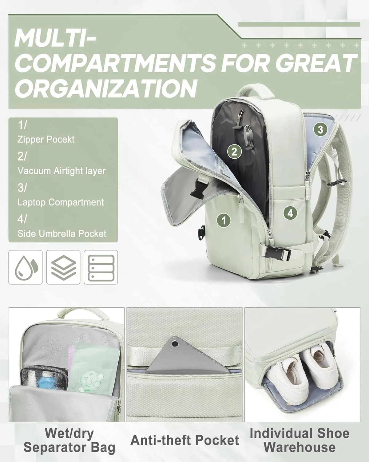 suwasp Vacuum Compression Backpack, 45L Expandable Travel Backpack with Electric Vacpack Pump, Travel Vacuum Bags with Shoe Compartment/17inch Laptop Compartment/USB Port, Mintgreen