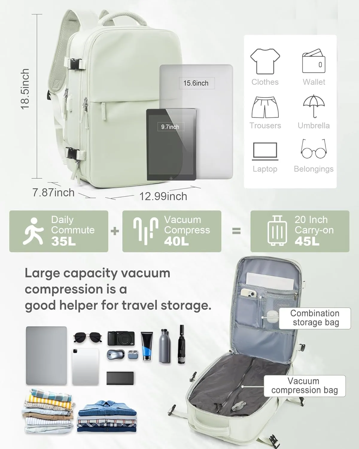 suwasp Vacuum Compression Backpack, 45L Expandable Travel Backpack with Electric Vacpack Pump, Travel Vacuum Bags with Shoe Compartment/17inch Laptop Compartment/USB Port, Mintgreen