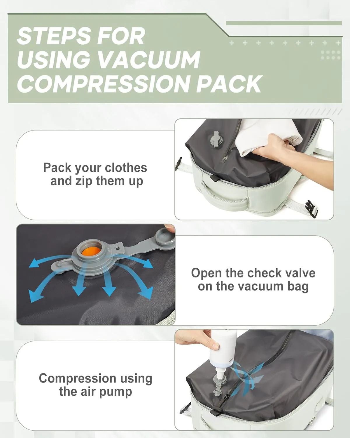 suwasp Vacuum Compression Backpack, 45L Expandable Travel Backpack with Electric Vacpack Pump, Travel Vacuum Bags with Shoe Compartment/17inch Laptop Compartment/USB Port, Mintgreen