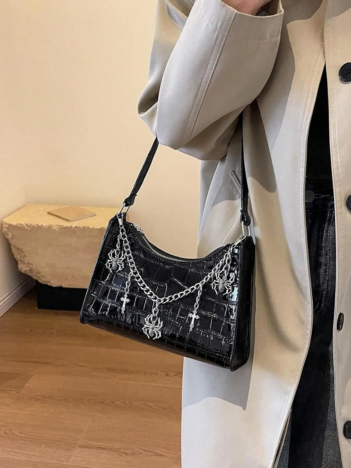 SweatyRocks Women's Crocodile Pattern Top Handle Shoulder Bag PU Leather Medium Clutch Purse with Chain