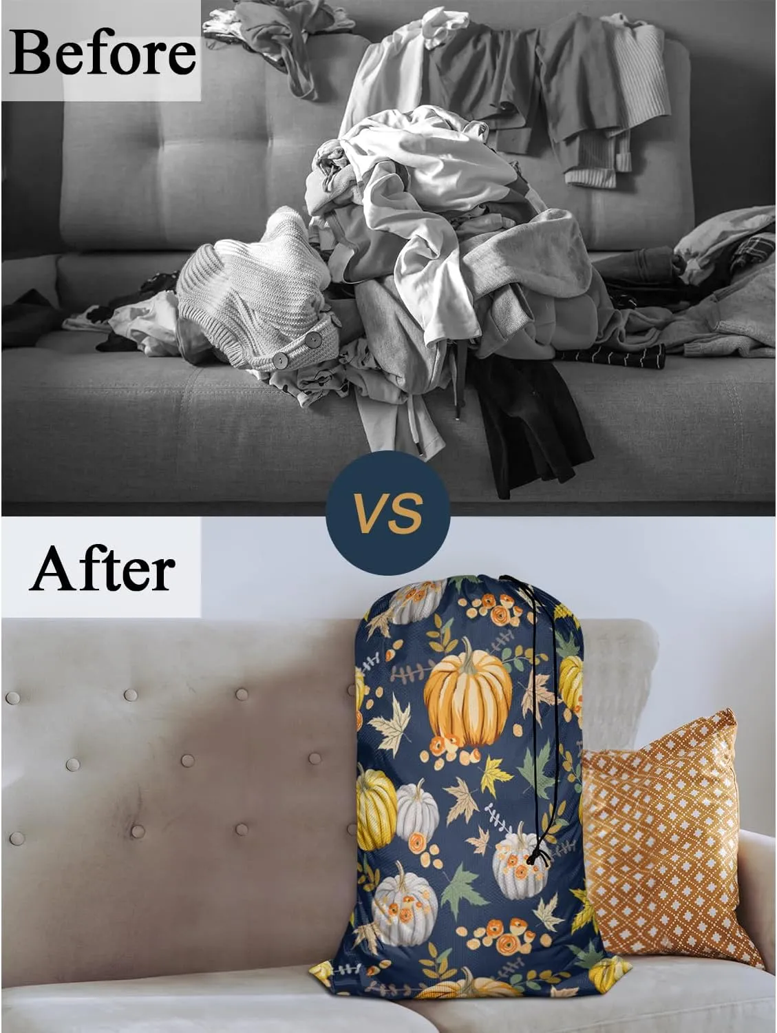 Swono Autumn Orange Pumpkins Drawstring Closure Dirty Clothes Bag Organizer, Heavy Duty Large Laundry Bag, Retro Style Fall Flowers Peony Rose Maple Leaf Rip-Stop Bags for Camp Travel, Machine