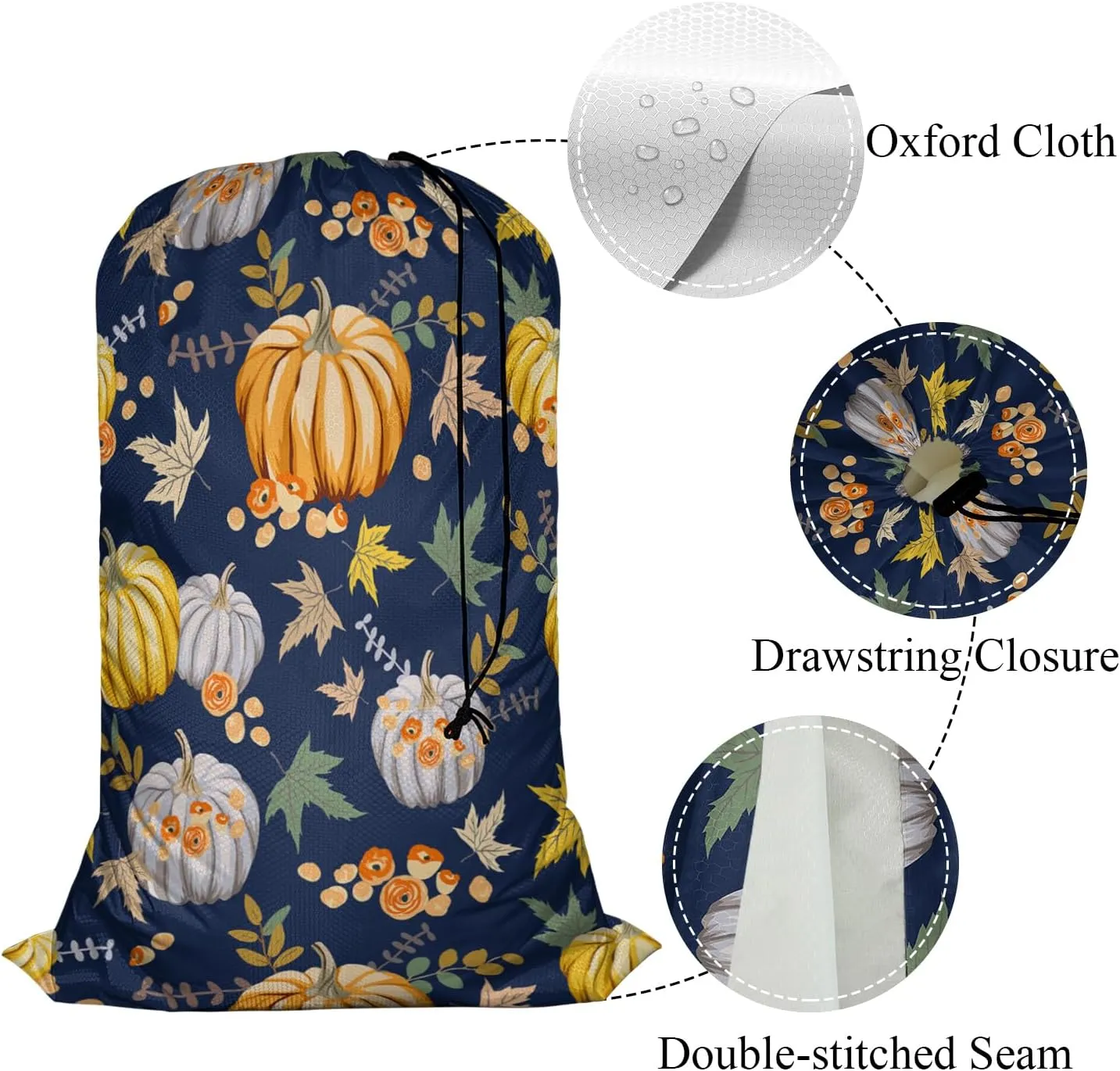Swono Autumn Orange Pumpkins Drawstring Closure Dirty Clothes Bag Organizer, Heavy Duty Large Laundry Bag, Retro Style Fall Flowers Peony Rose Maple Leaf Rip-Stop Bags for Camp Travel, Machine