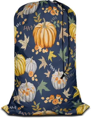 Swono Autumn Orange Pumpkins Drawstring Closure Dirty Clothes Bag Organizer, Heavy Duty Large Laundry Bag, Retro Style Fall Flowers Peony Rose Maple Leaf Rip-Stop Bags for Camp Travel, Machine