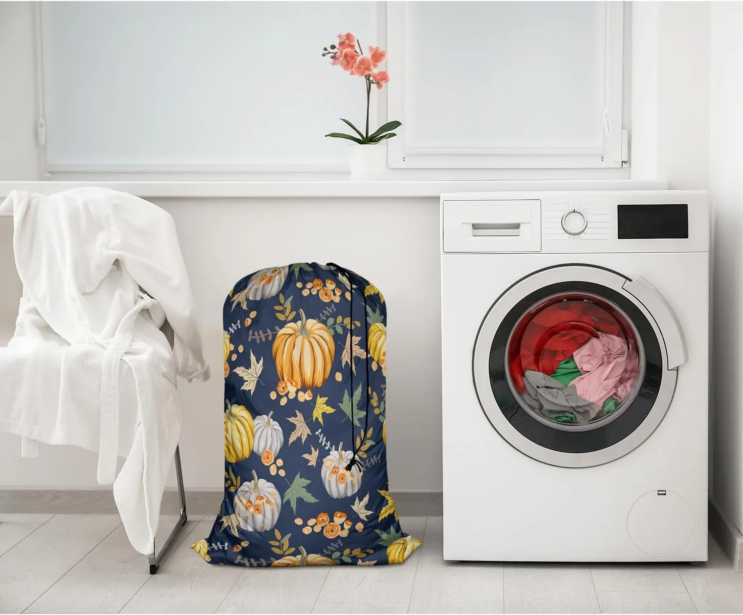 Swono Autumn Orange Pumpkins Drawstring Closure Dirty Clothes Bag Organizer, Heavy Duty Large Laundry Bag, Retro Style Fall Flowers Peony Rose Maple Leaf Rip-Stop Bags for Camp Travel, Machine