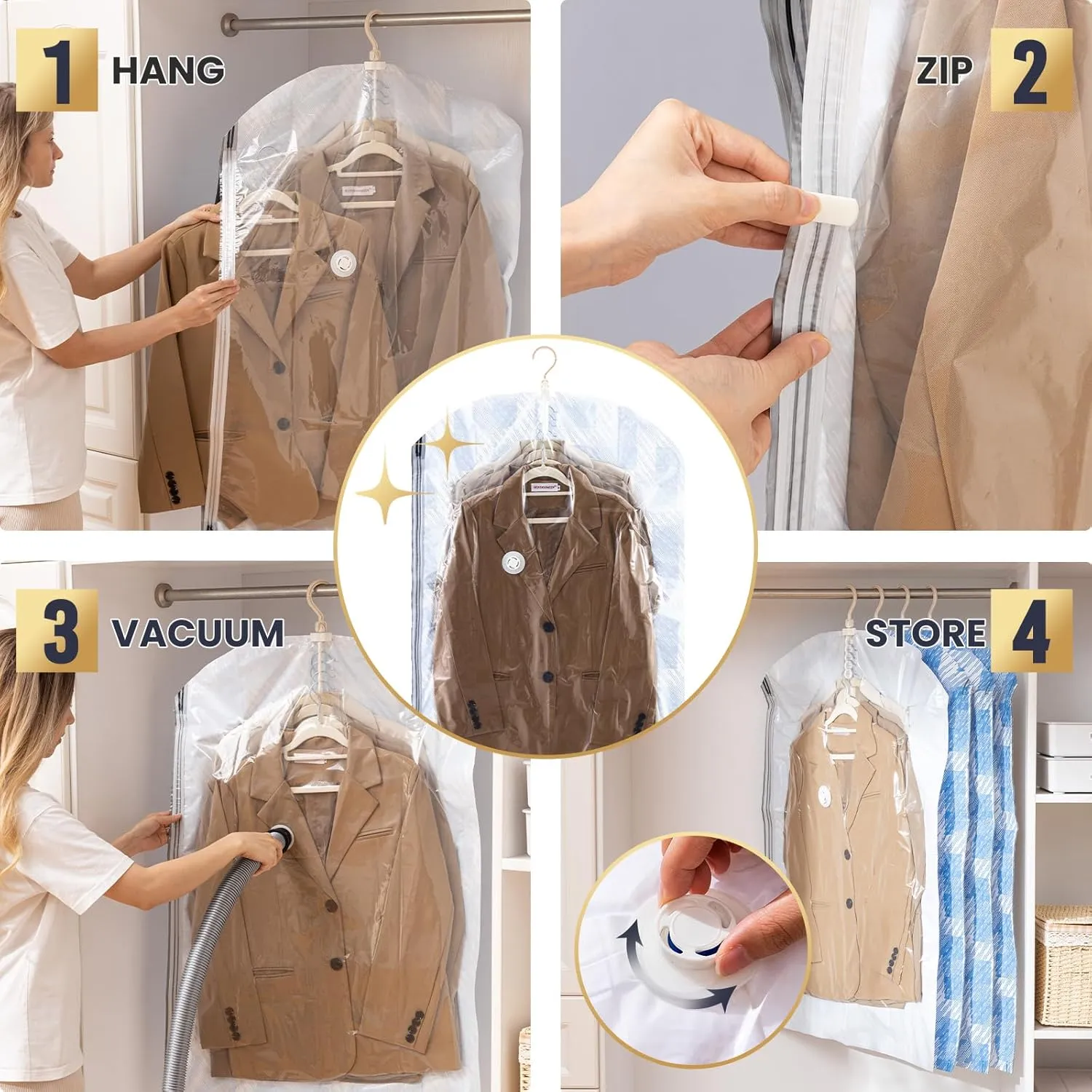 TAILI Hanging Vacuum Sealer Storage Space Saver Bags for Clothes, Clothing, Closet Organizers, 4 Pack Large Multicolor