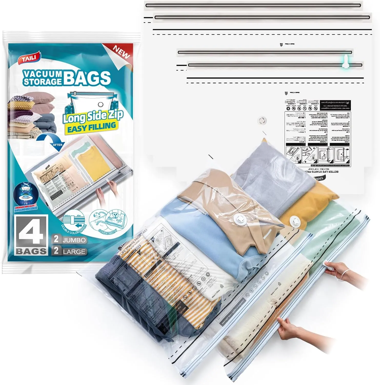 TAILI LONG SIDE ZIP 4 Pack Vacuum Storage Bags, Multi-Size Vacuum Seal Bags for Clothing (2 Large 2 Jumbo), Storage Bulky Beddings, Blankets and Clothes, Space Saver for Closet Organization