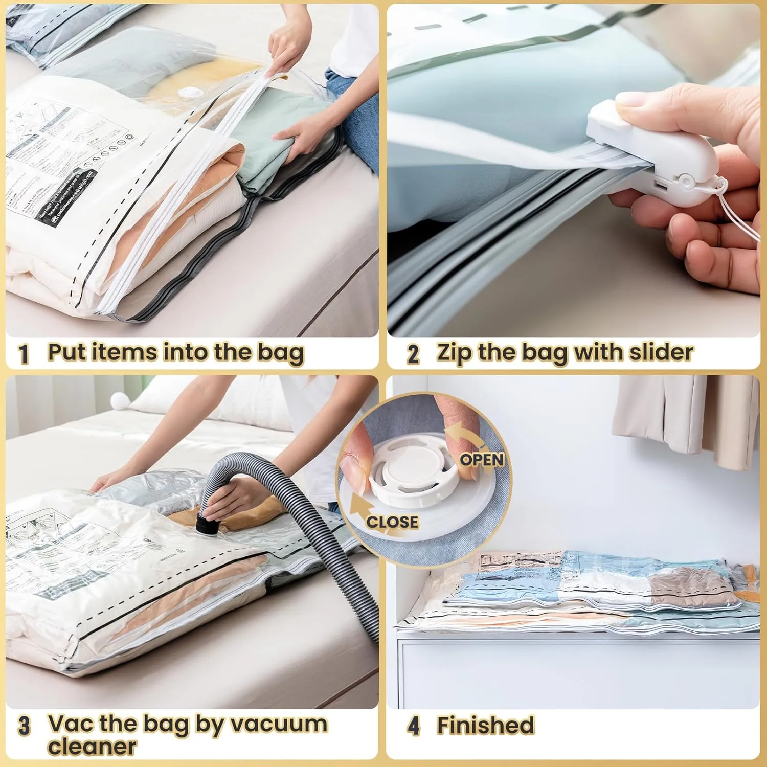 TAILI LONG SIDE ZIP 4 Pack Vacuum Storage Bags, Multi-Size Vacuum Seal Bags for Clothing (2 Large 2 Jumbo), Storage Bulky Beddings, Blankets and Clothes, Space Saver for Closet Organization