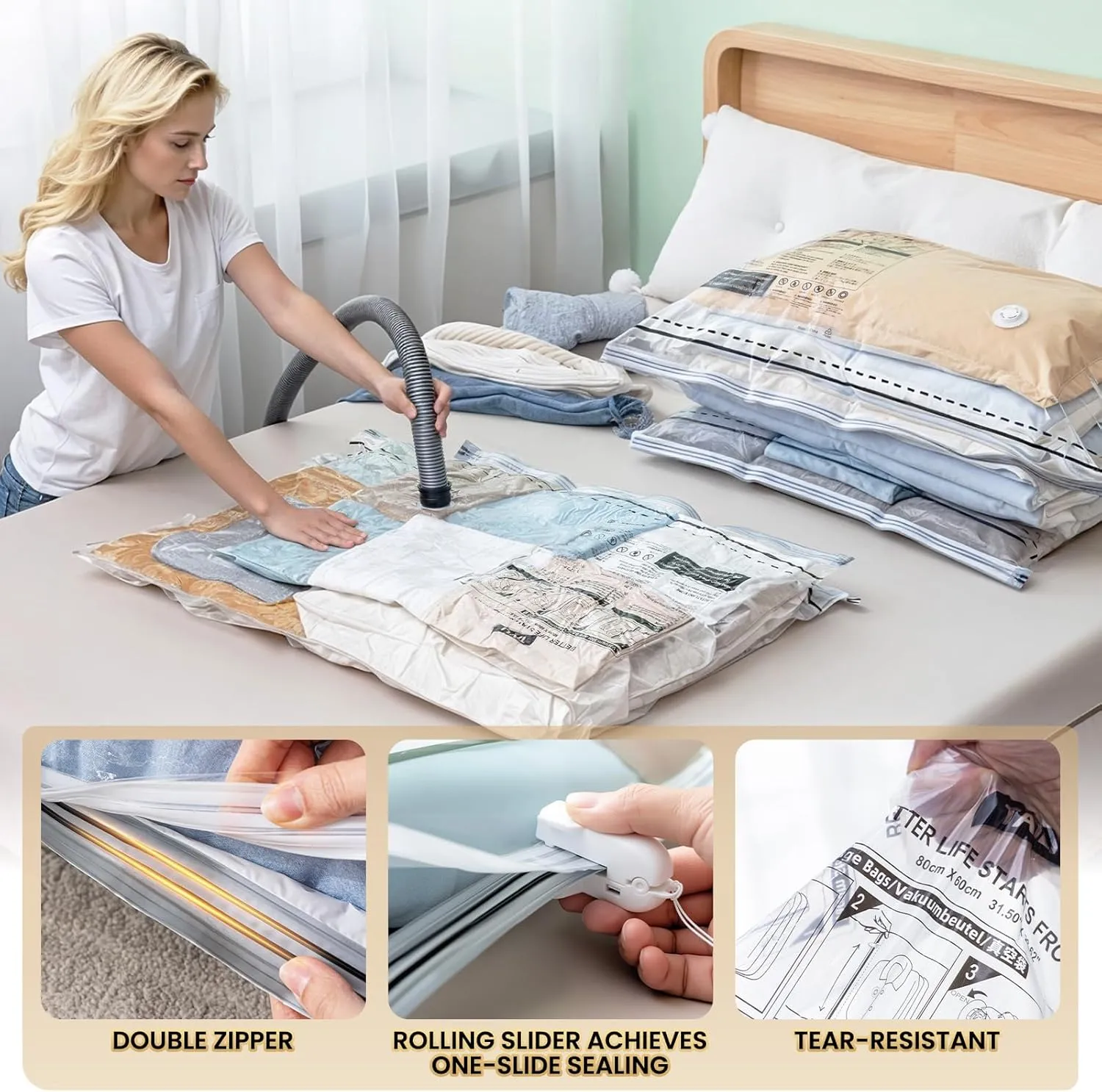 TAILI LONG SIDE ZIP 4 Pack Vacuum Storage Bags, Multi-Size Vacuum Seal Bags for Clothing (2 Large 2 Jumbo), Storage Bulky Beddings, Blankets and Clothes, Space Saver for Closet Organization