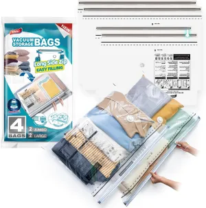 TAILI LONG SIDE ZIP 4 Pack Vacuum Storage Bags, Multi-Size Vacuum Seal Bags for Clothing (2 Large 2 Jumbo), Storage Bulky Beddings, Blankets and Clothes, Space Saver for Closet Organization
