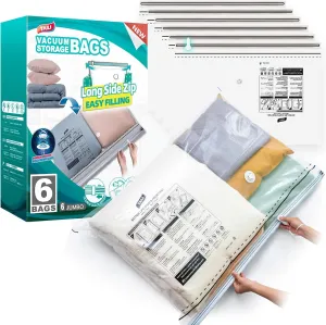 TAILI-LONG SIDE ZIP 6 Pack Vacuum Storage Bags, Vacuum Seal Bags for Clothing(39x28 inches), Jumbo Storage Space Saver for Beddings, Comforters, Blanket, Pillows and Clothes