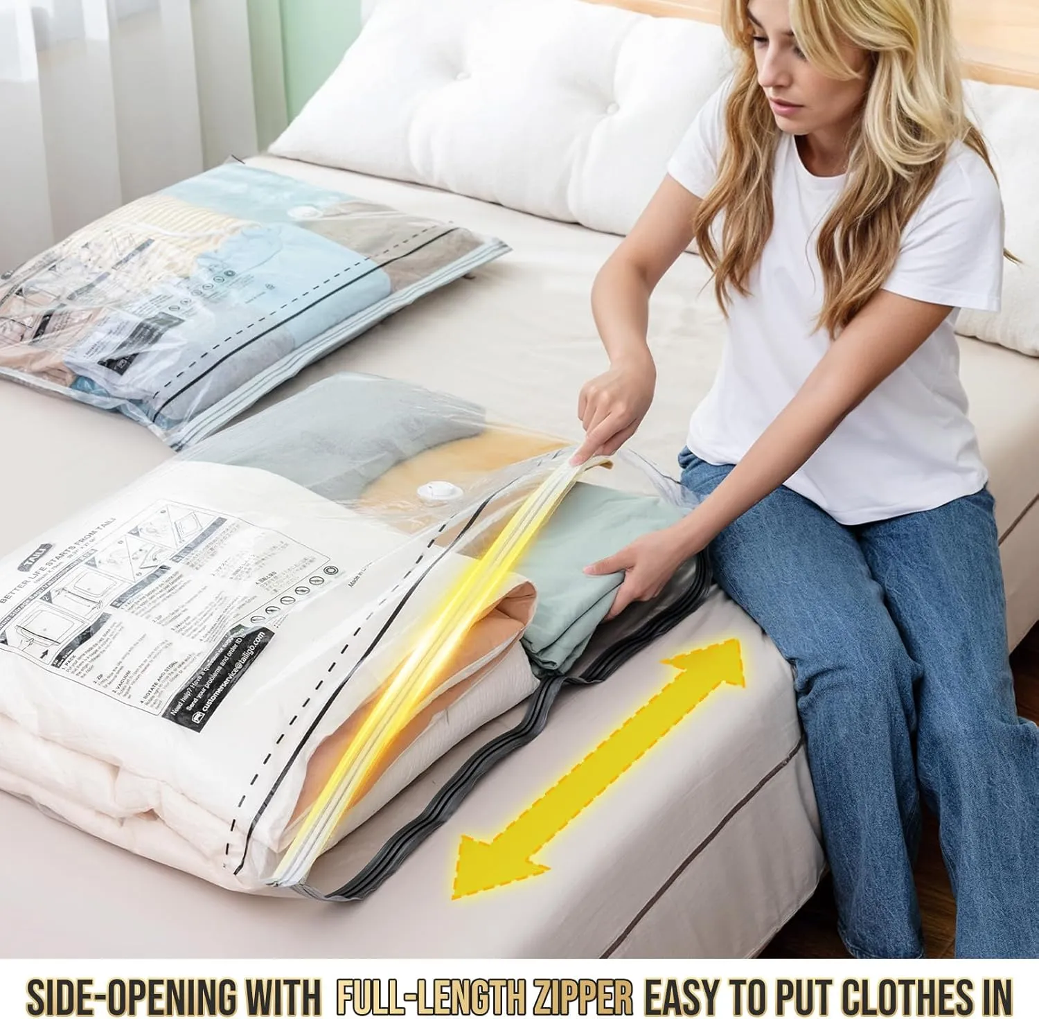 TAILI-LONG SIDE ZIP 6 Pack Vacuum Storage Bags, Vacuum Seal Bags for Clothing(39x28 inches), Jumbo Storage Space Saver for Beddings, Comforters, Blanket, Pillows and Clothes