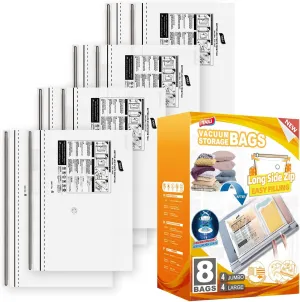 TAILI LONG SIDE ZIP 8 Pack Vacuum Storage Bags, Space Saver for Bedding, Towels, Blankets, Pillows, Clothes, Vacuum Seal Bags for Clothing Ideal Under Bed Storage Solution, 4 Large 4 Jumbo