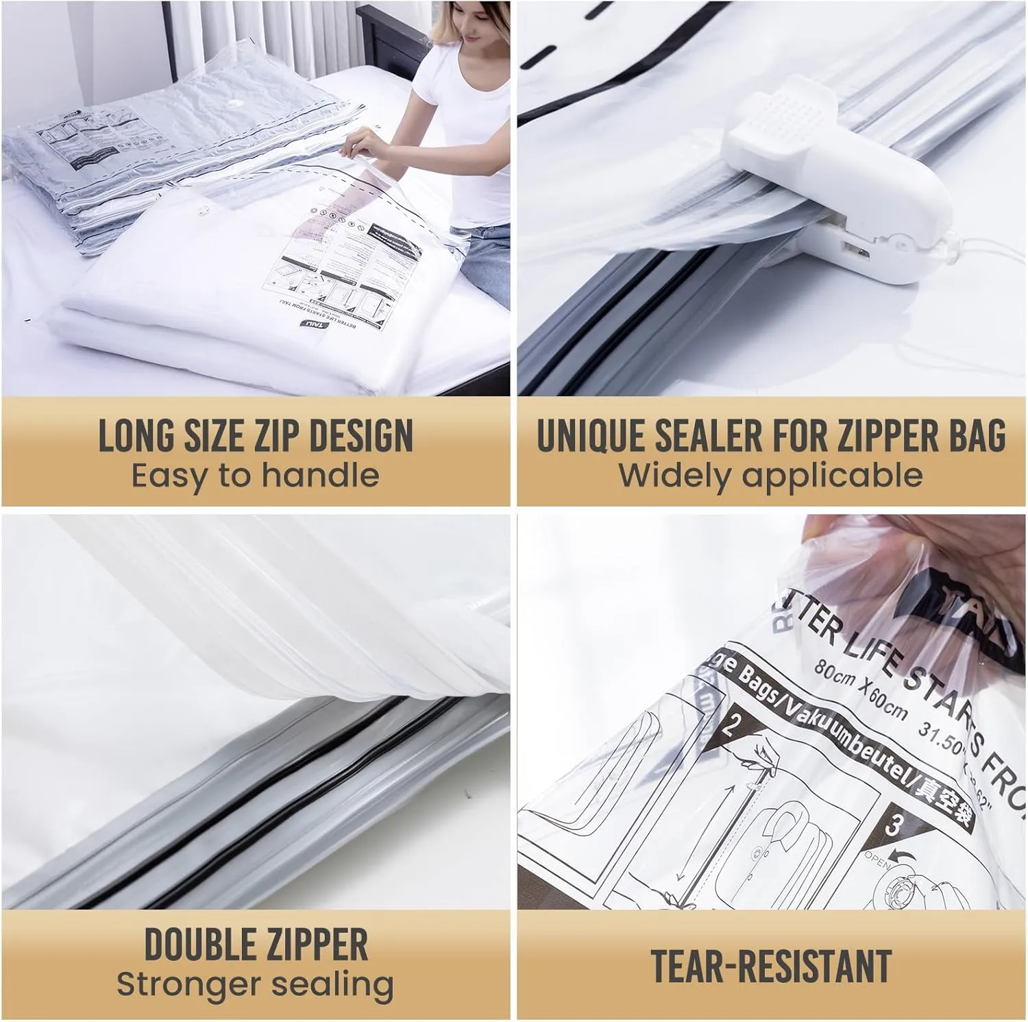TAILI LONG SIDE ZIP 8 Pack Vacuum Storage Bags, Space Saver for Bedding, Towels, Blankets, Pillows, Clothes, Vacuum Seal Bags for Clothing Ideal Under Bed Storage Solution, 4 Large 4 Jumbo