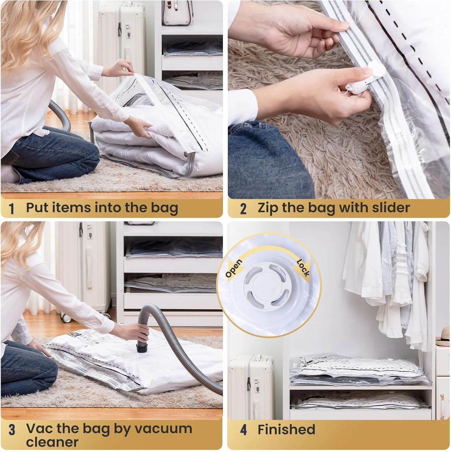 TAILI LONG SIDE ZIP 8 Pack Vacuum Storage Bags, Space Saver for Bedding, Towels, Blankets, Pillows, Clothes, Vacuum Seal Bags for Clothing Ideal Under Bed Storage Solution, 4 Large 4 Jumbo