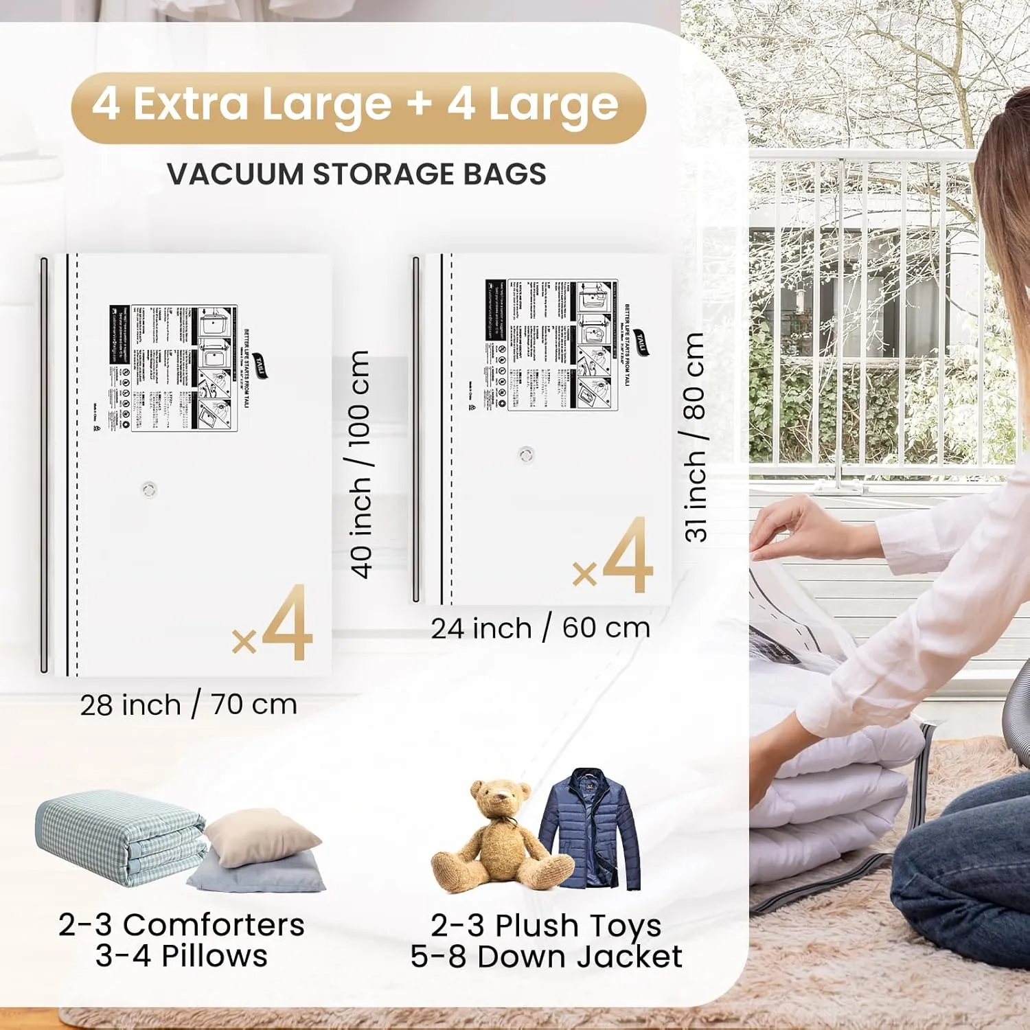 TAILI LONG SIDE ZIP 8 Pack Vacuum Storage Bags, Space Saver for Bedding, Towels, Blankets, Pillows, Clothes, Vacuum Seal Bags for Clothing Ideal Under Bed Storage Solution, 4 Large 4 Jumbo