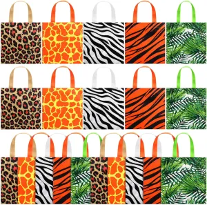 Tallew 20 Pieces Animal Print Party Bags, Zoo Wildlife Treat Goodie Bags Safari Jungle Non-Woven Tote with Tiger Zebra Giraffe Leopard Leaves Pattern for Kids Birthday Favor Decorations Supplies