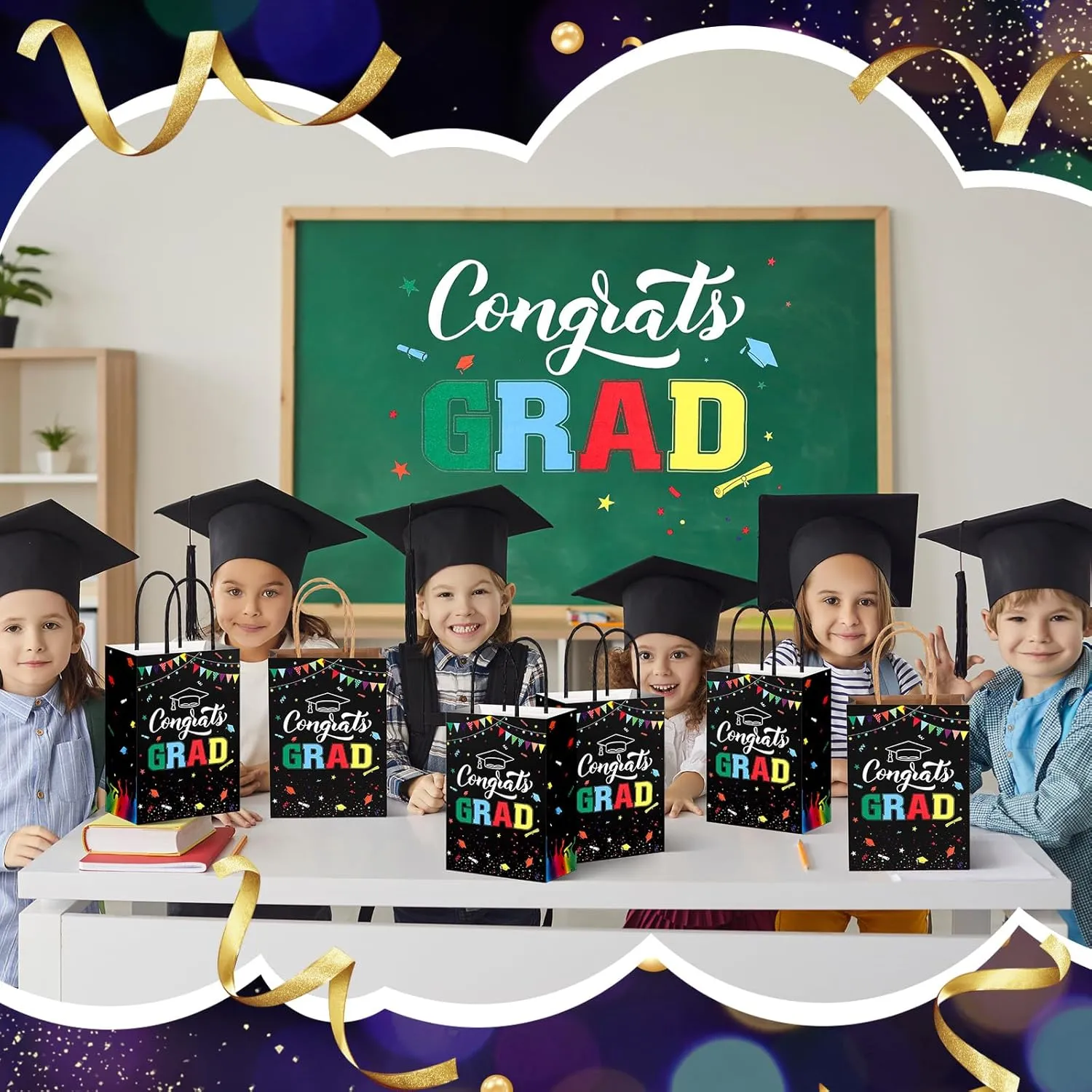 TaoBary 24 Pcs Black Rainbow 2025 Graduation Gift Bags Congrats Grad Bags Party Favors with Handles Graduation Treat Paper Gifts for Grad Party Supplies, 8 x 6 x 3 Inches