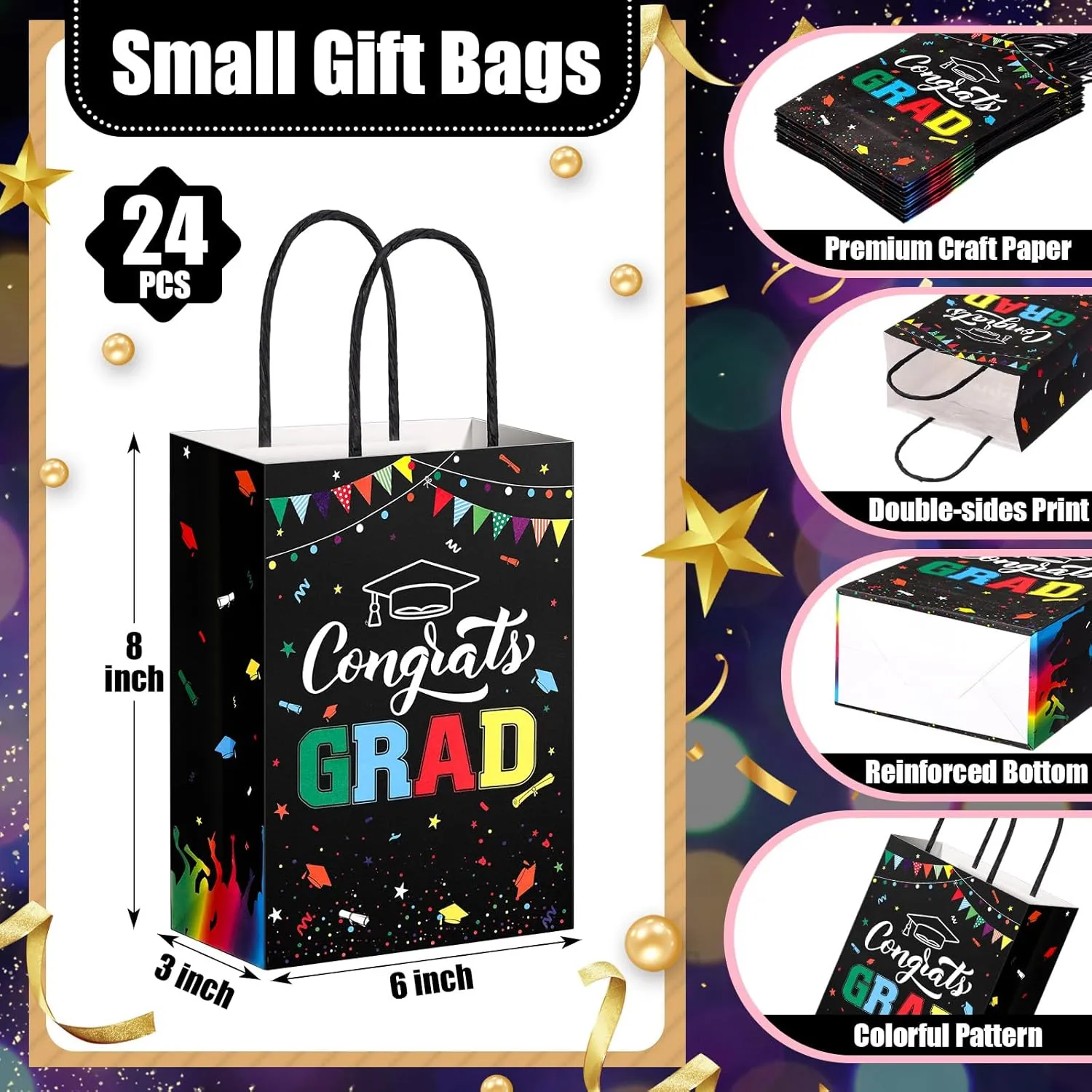 TaoBary 24 Pcs Black Rainbow 2025 Graduation Gift Bags Congrats Grad Bags Party Favors with Handles Graduation Treat Paper Gifts for Grad Party Supplies, 8 x 6 x 3 Inches