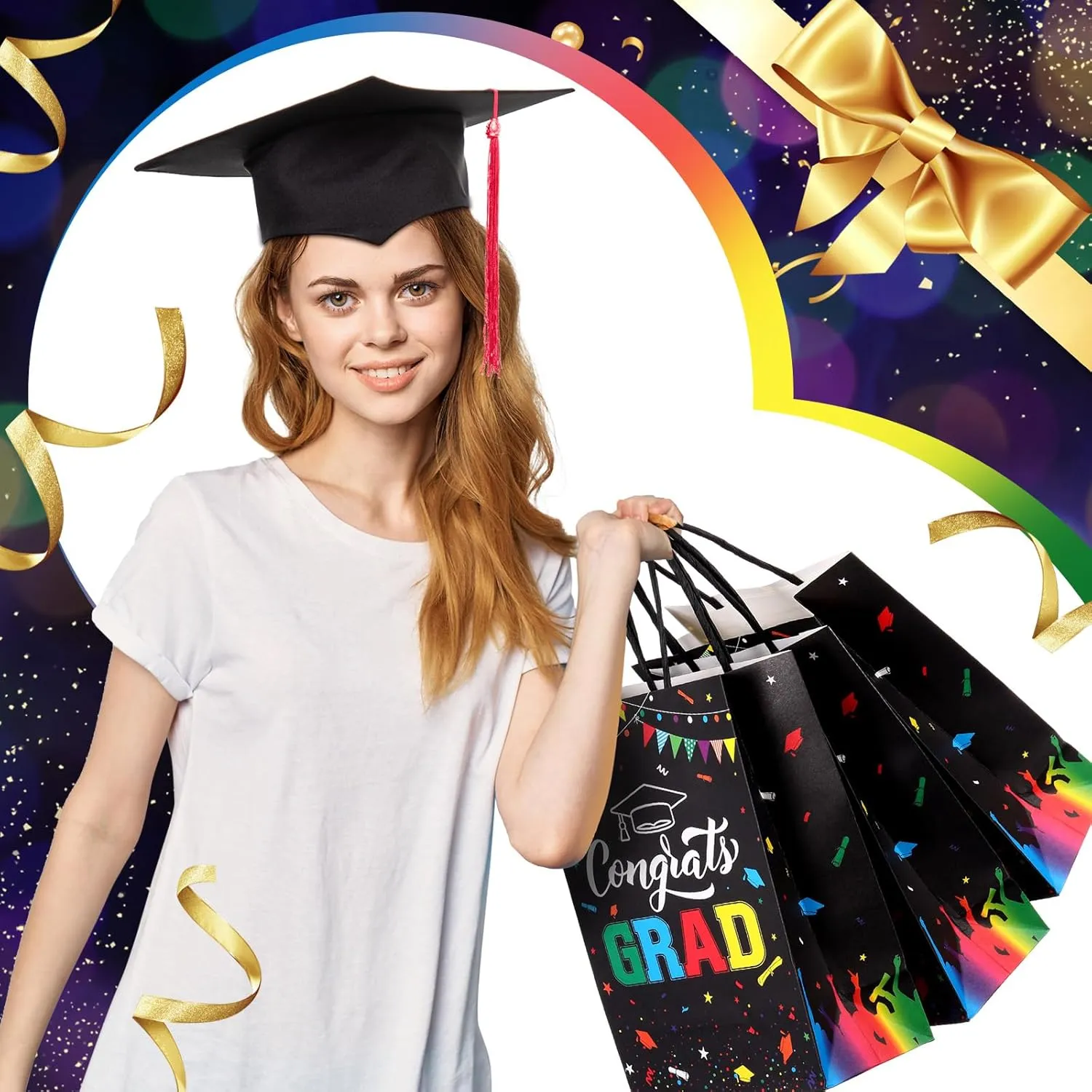 TaoBary 24 Pcs Black Rainbow 2025 Graduation Gift Bags Congrats Grad Bags Party Favors with Handles Graduation Treat Paper Gifts for Grad Party Supplies, 8 x 6 x 3 Inches