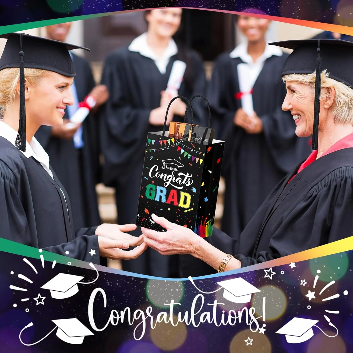 TaoBary 24 Pcs Black Rainbow 2025 Graduation Gift Bags Congrats Grad Bags Party Favors with Handles Graduation Treat Paper Gifts for Grad Party Supplies, 8 x 6 x 3 Inches